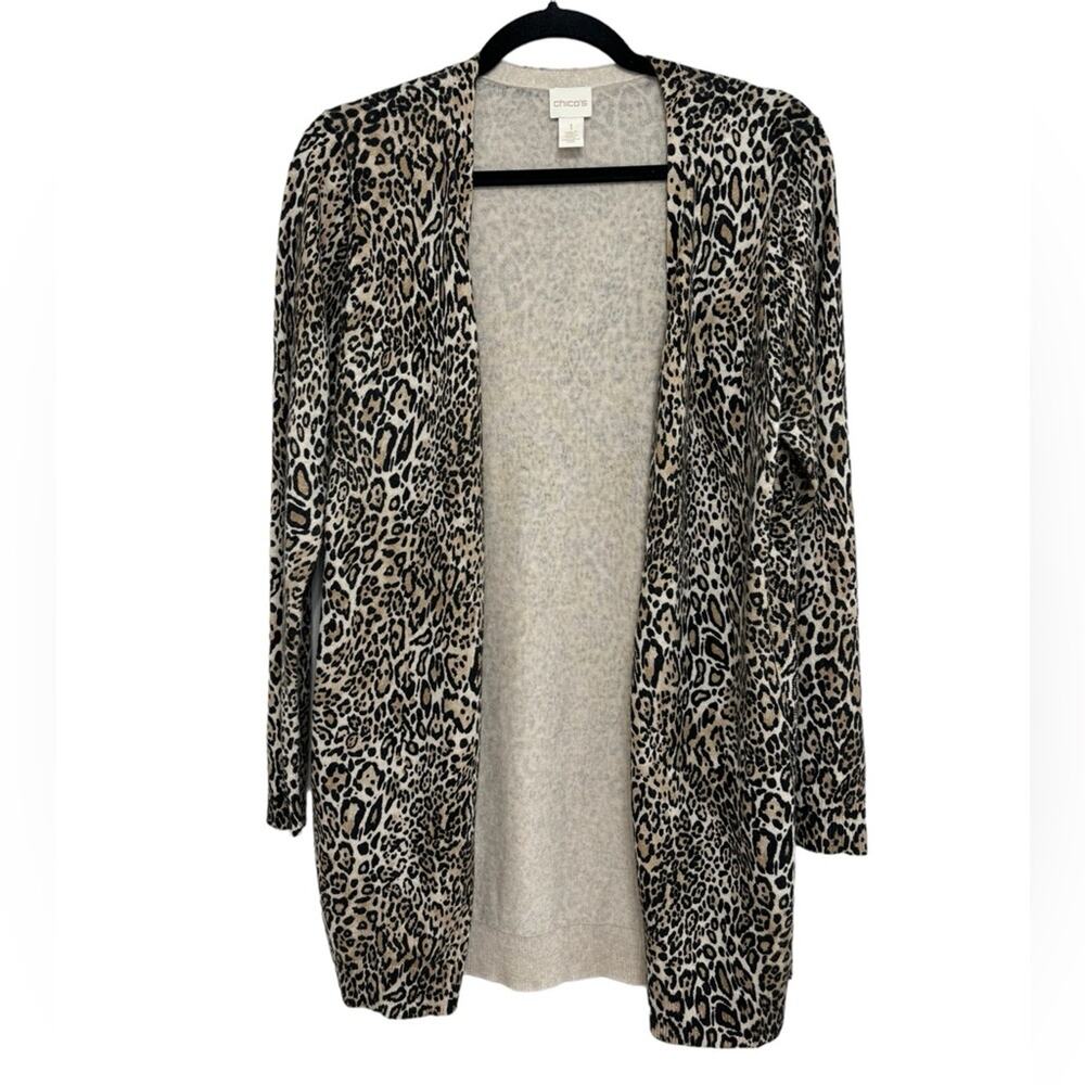 Chico’s Long Line Open Front Leopard Print Cotton Blend Cardigan - Size 1 (M)